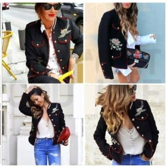 NWT Zara Trafaluc Military Style Embroidered Mandarin collar Blazer. M - Picture 2 of 14